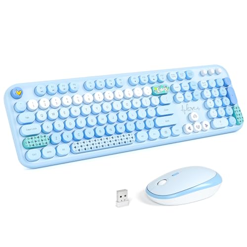 Image of KNOWSQT Wireless Keyboard and Mouse Combo - Lovely Blue Rainbow 2.4G Full-Sized Colorful Keyboards, Round Keycap USB Dongle Plug Play Cute Keyboards for Windows, Laptop, PC, Desktop, Mac