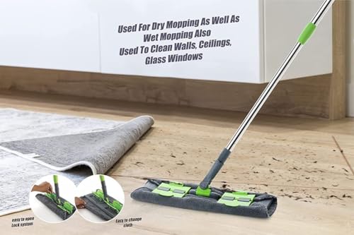 Image of Flat Microfiber Floor Mop with Adjustable Handle | Wet & Dry Cleaning Mop for Tiles, Wood & Marble | Reusable Washable Mop Pads | 360 Rotating Head | Home Cleaning Tool