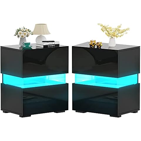 SUPERJARE LED Nightstands Set of 2, 23.7''H LED Night Stands, High Gloss Drawers, Bed Side Tables with LED Lights, Remote, Tall Modern Nightstands, Night End Tables, for Bedroom, Living Room - Black Cover