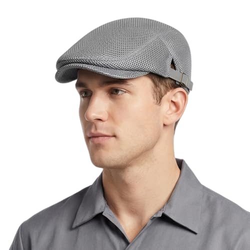 HIQIU Unisex Schirmmütze Baskenmütze Herren Atmungsaktiv Mesh, Flatcap Damen Sommer Gatsby Newsboy Barett Kappe, Schiebermütze Herren Sommer Hut Sportmütze Einstellbar 55 cm-60 cm (Hell Grau)