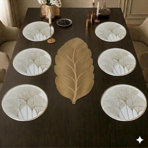 Image of Dakshya Industries PVC Waterproof Round Table Placemats & Table Runner Combo | 6 Round Mats (38 x 38 cm) + 1 Runner (91 x 33 cm) | Heat Resistant, Washable, Non Slip (Aurique)
