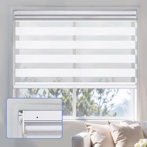 UrMoon No Drill Zebra Blinds No Tools Zebra Shades Cordless Roller Shades for Windows Dual Layer Roller Blinds Room Darkening Custom Size for Indoor, 80% Blackout Silvery White, 34