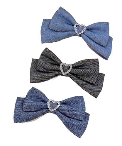 Blue Denim Hair Bow Clips Girls Denim Bowknot Pin Girls Blue Jeans Hair Bow Clips BW27 (3 Pcs-E5)