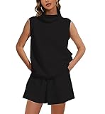 Meladyan Women 2 Piece Tracksuit Turtleneck Sleeveless Vest Tank High Waist Drawstring Shorts with Pockets Trendy Outfits, Black