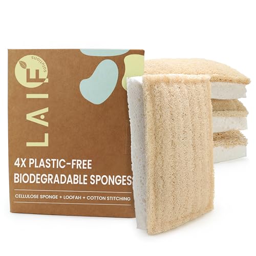 Natural Kitchen Sponges – Eco-Friendly, Compostable Dish Sponges – Loofah & Cellulose Scrubbers – Plastic-Free, Zero-Waste, Biodegradable – Durable, Non-Scratch – Pack of 4