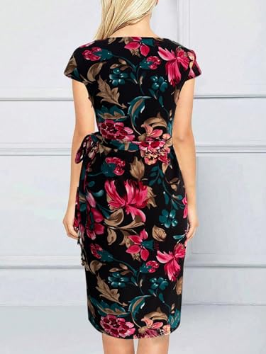 Image of Women's Vintage Cap Sleeves Asymmetrical Neckline Sheath Bodycon Casual Work Cocktail Party Pencil Faux Wrap Dresses