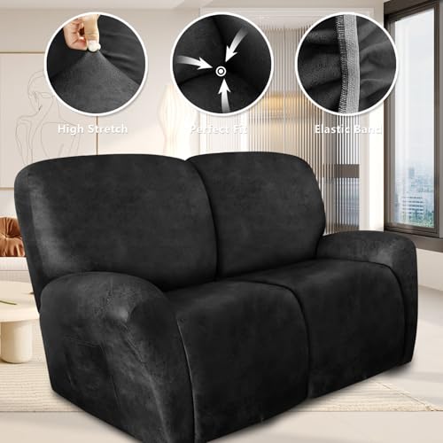 Image of ANARACHON Loveseat Recliner Cover Leather Look Recliner Loveseat Covers Recliner Sofa Cover for 2 Seater Reclining Couch Spandex Fabric Washable 6 Pieces (2 Seater, 02 Dark Gray)