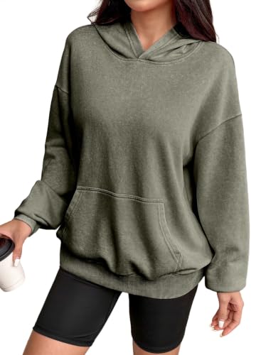 SHEWIN Womens Oversized Acid Wash Hoodies Fall Long Sleeve Sweatshirts For Women Cotton Lightweight Ribbed Hem Pullover Sweaters For Women Winter Clothes Casual Outfits with Pockets Evergreen S
