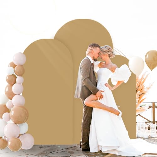 Image of FOTSHARER Wedding Arch Cover Set of 3 Brown Arch Cover 4FT 5FT 6FT Arch Stand Covers Balloon Arch Covers Stretchy Backdrop Round Top Chiara Arch Stand Cover Khaki Arch Backdrop for Wedding Party Decor