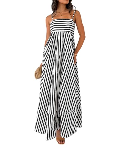 Image of NUFIWI Women Summer Striped Maxi Dress Spaghetti Strap Cutout Ruffle Long Dress Flowy Swing Beach Vocation Dress