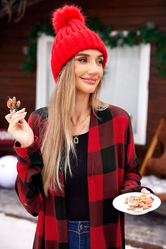 Image of For G and PL Women's Christmas Red Buffalo Plaid Open Front Cardigan with Pockets