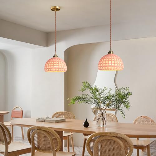 Image of Pink Ceramic Pendant Light Farmhouse Brass Finish Modern Pendant Light Minimalist Style Ceiling Hanging Lamp for Kitchen Island Bedroom Bedside
