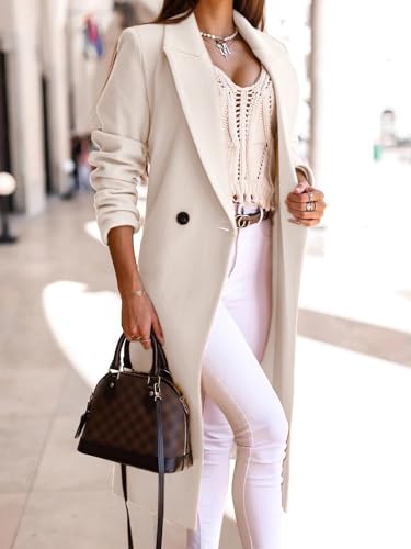 IDEALSANXUN Langer Wollmantel für Damen, Herbst, Winter, Trenchcoat, Pfau, zweireihig, Blazer, Jacken, Übermantel, Beige, Small