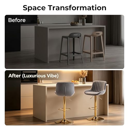 Image of ECHINGLE Velvet Bar Stools Set of 4 - Swivel Counter Height Barstools with Back & Adjustable Height, Modern Gold Kitchen Island Stools for Bar, Armless Pub Stools, Soft Grey Upholstered Seating