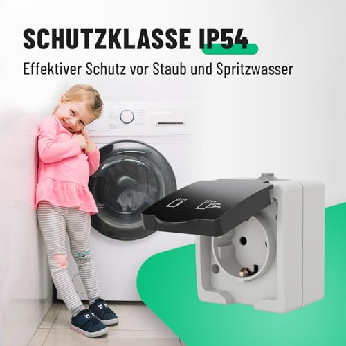 greate 3x Aufputz Steckdose 1fach für Feuchtraum - AP Steckdose mit Klappdeckel IP54, 250V, 16A, 2 polig - Aufputz Steckdosen, Aufputzdose Außenbereich, Aufputzsteckdose 1fach, Außen Steckdose