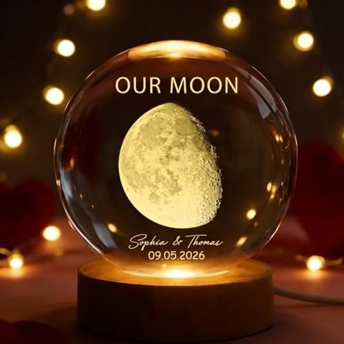 Image of Evamall Custom Our Moon The Night We Got Married, Customized Crystal Ball LED Night Light, Moon Phase Print, Custom Engraved Gift for a Loving Couple