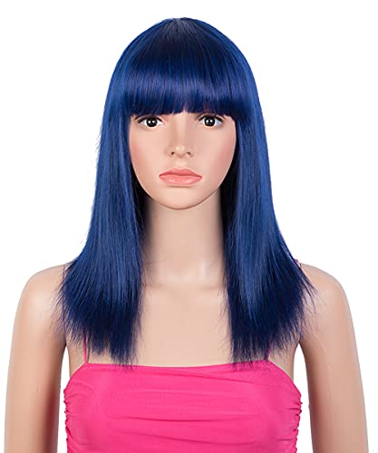 Rebecca Fashion Colored Human Hair Wigs for Black Women Straight Wigs with Bangs 130% Density Glueless Non Lace Front Wig (16 inch, Royal Blue)