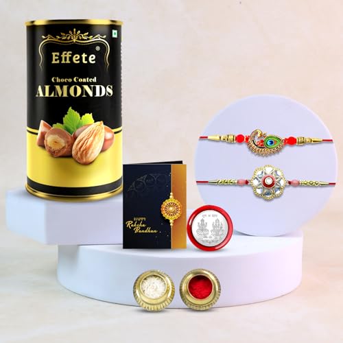 Image of DeoDap Raksha Bandhan Gift Combo - Set of 2 Rakhis (1 Round Shape & 1 Mayur Design) with Almond Chocolate (96g), Silver Colour Coin & Greeting Card