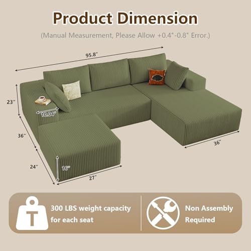 Image of 96 inch U-Shape Cloud Couch, Modern Modular Sectional L-Shape Sofa with Ottoman, Corduroy Upholstered Couches Deep Seat Sleeper Chaise Longue for Living Room, No Assembly Required(Green, Right Facing)