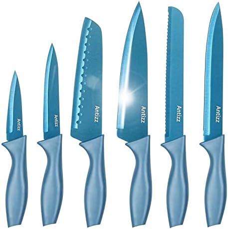 Kitchen Knife Set of 6 | Ultra Sharp Stainless Steel Blade | Blue Kitchen Knives Safe Titanium Plated Knife Sets with Ergonomic Handle & Sheaths, Paring, Utility, Santuko, Bread, Chef Knife