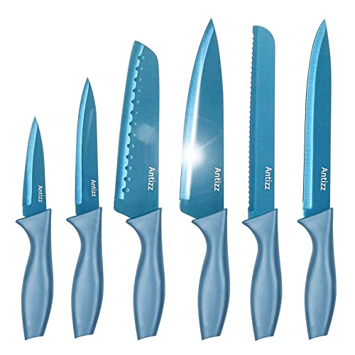 Antizz Kitchen Knife Set of 6, Ultra Sharp Stainless Steel Blade, Blue Kitchen Knives Safe Titanium Plated Knife Sets with Ergonomic Handle Sheaths, Paring, Utility, Santoku, Bread, Chef Knife