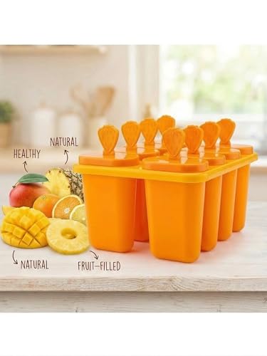 Image of BPA Free Ice Lolly and Kulfi Maker Set of 8 Reusable Popsicle Moulds Food Grade Plastic Ice Cream Popsicle Maker for Home Kitchen Multicolor (Orange)