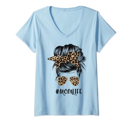 Mujer Moms Life Messy Bun Cool Moms Mujeres Leopardo Tonos Lindo Camiseta Cuello V