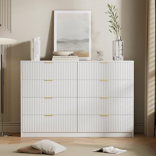 Image of Furniway White 8 Drawer Dresser for Bedroom, Modern Dresser with Smooth Slides, Wide Chest of Drawers with Golden Handles for Bedroom, Living Room, Closet, 15.7 inch D x 55 inch W x 37.4 inch H