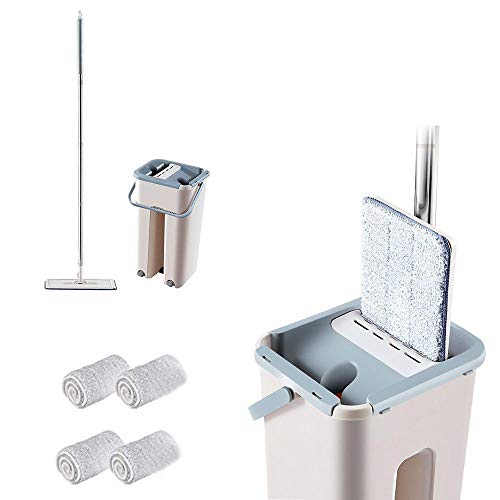 Volwco Juego de fregona plana y cubo para sistema profesional de limpieza del suelo del hogar, fregona de microfibra con 6 almohadillas reutilizables, mango de acero inoxidable