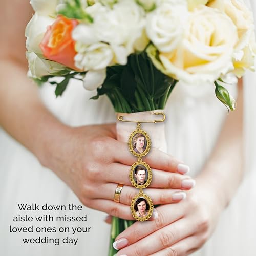Wedding Bouquet Memorial Remembrance Photo Charm Bright Gold Holds 3 Pictures for Bride's Flowers or Groom's Boutonniere with Photo Resizer3