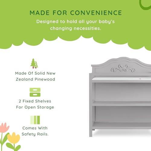 Image of Sweetpea Baby Jasmine Changing Table in Platinum - Solid New Zealand Pinewood, Safety Rails & Strap, Spacious Fixed Storage Shelves, Water-Resistant 1 inch Changing Pad