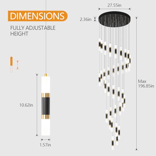 Image of 36-Light Modern Chandeliers for Entryway Ceiling Pendant Light Dimmable LED 216W Staircase Large Chandelier Lobby Living Room Foyer High Ceiling Chandelier (Black Gold)