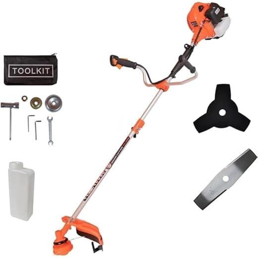 Roçadeira 65CC Gasolina, 2 Tempos 3HP, Lâmina de 2 Pontas, Facão, Corte e Reparo de Jardim, Refrigeração por Ar, Sistema Antivibração, Kit de Manutenção Rápida, Uso Contínuo, Profissional e Doméstico