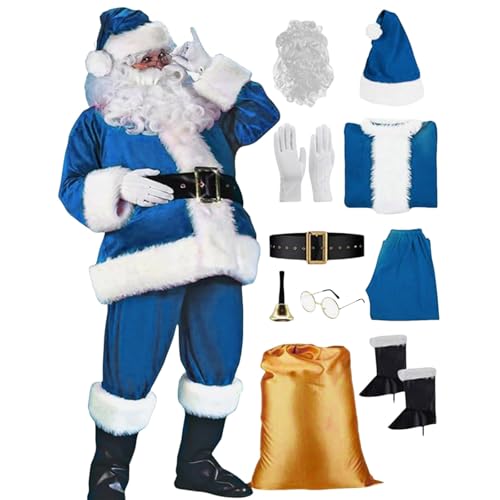 Disfraz De Papá Noel para Hombre Traje Adulto 10 Piezas Traje Navideño Profesional Talla Grande para Fiesta Navideña-Traje Papá para Adulto