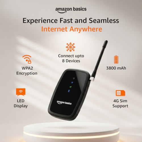Image of Amazon Basics 4G LTE Wireless Dongle with Antenna, 3800 mAh Rechargeable Battery, All Network SIM Support, Up to 150 Mbps 2.4 GHz Wi-Fi for up to 8 Devices, SD Card Slot, Type-C Charging (Black)