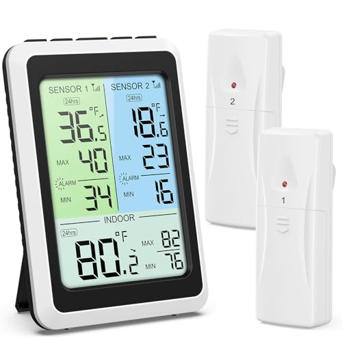 Brifit Kühlschrankthermometer, 4,5'' Farbdisplay Thermometer mit 2 Sensoren, Hintergrundbeleuchtung, Alarmfunktion, MAX/MIN-Wert, ℃/℉ Schalter...