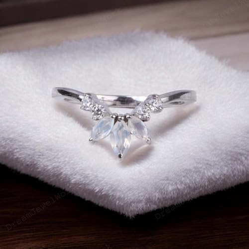 14k White Gold Band Moonstone Wedding Band Curved Diamond Jewelry Dainty Promise Ring June Birthstone Gifts Marquise Cut Gemstone Bands2