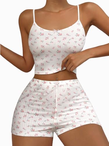 Image of Hilinker Womens Graphic 2 Piece Pajama Set Summer Cute Crop Cami and Shorts Ribbed Lounge Sets