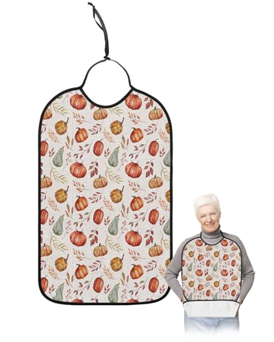 Adult Bibs for Elderly Women - Fall Thanksgiving Waterproof Dining Clothing Protectors with Crumb Catcher for Eating/Feeding, Teal Orange Pumpkin Maple Leaf Botanical Terry Cloth Bib Machine Washable
