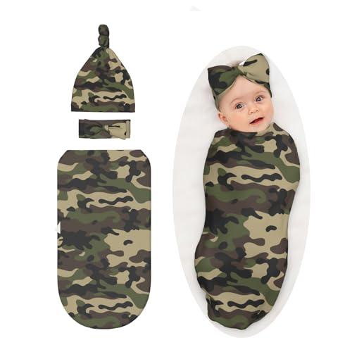 Camo Baby Stuff Swaddle Blanket with Headband and Beanie Set, Newborn Swaddle Sacks Infant Shower Gift for Boys Girls
