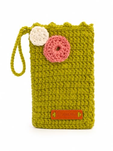 Image of Handmade Crochet Mobile Pouch for Women & Girls | Knitted Phone Holder with Wrist Strap | Cute Floral Aesthetic Mobile Cover Case | Soft Yarn Handmade Gift (Olive Green)