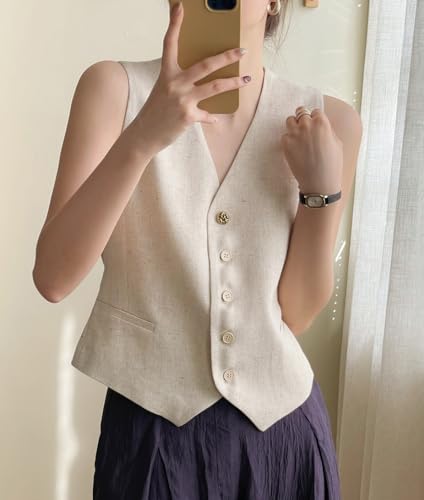 Ceehuteey Women's Linen Suit Vests V-Neck Single Breasted Elegant Waistcoat Business Outfits Top2