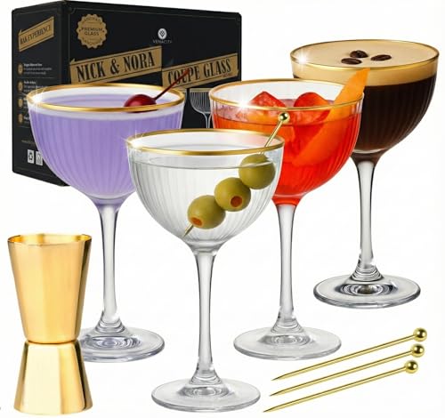 Vemacity Ribbed Nick & Nora Cocktail Glasses Set of 4 with Gold Rims & Bar Tools | Ribbed Nick and Nora Glasses Set of 4 (5.1oz) | Versatile Port Wine, Sherry, Wine, ni, Coupe Martini Glassware
