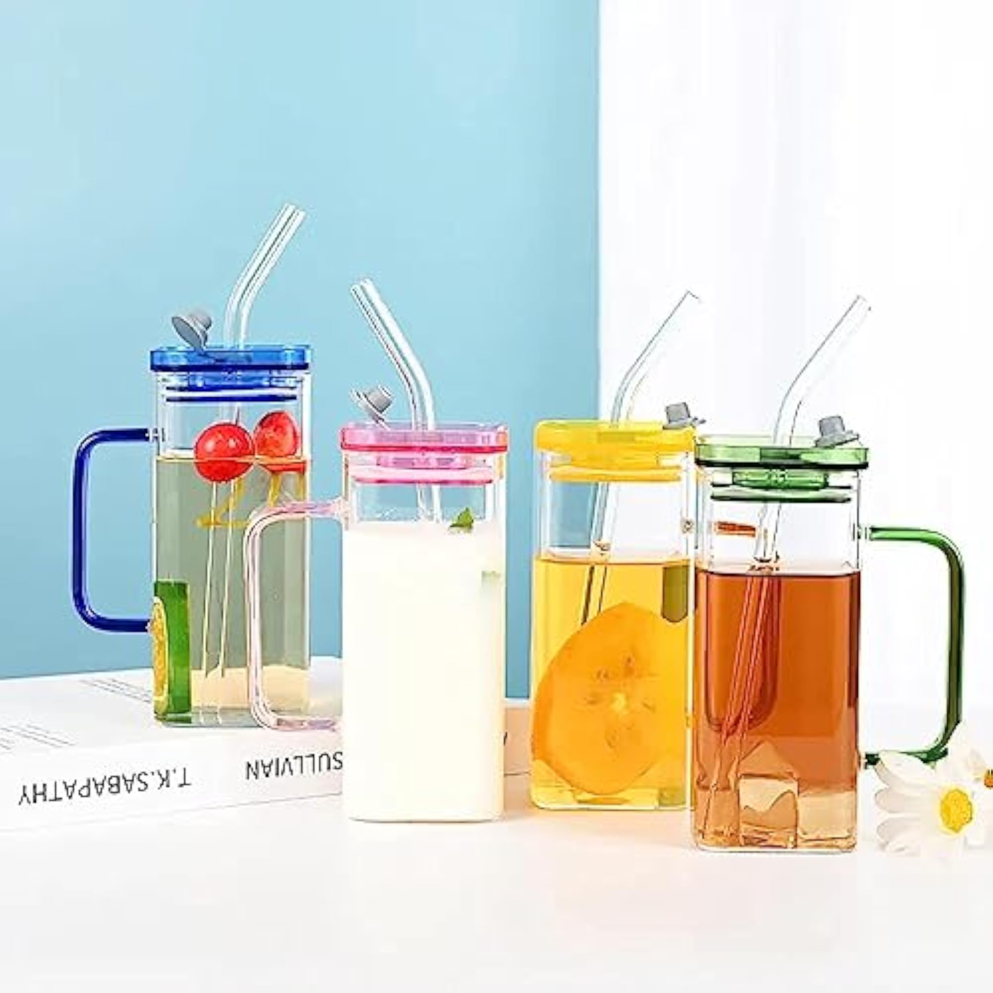 Square Shape Sipper Glass Set with Colorful Lid and Straw