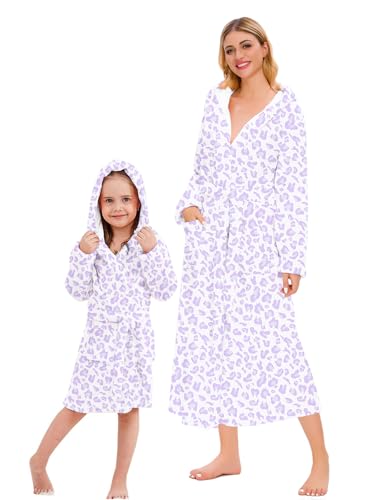 Image of Umeyda Girls & Women Fleece Hooded Robes, Soft Fuzzy Bathrobe Warm Plush Fluffy Bath Robe for Kids Womens