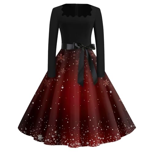 Weihnachtskleid Damen Kleider Langarm Vintage Retro Cocktailkleid Rockabilly Weihnachten Karneval Drucken Abend Prom Kostüm A-Linie V-Ausschnitt...