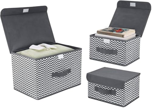 Image of PRANIJ 3 Set Foldable Storage Box Organiser with Lid, Versatile Storage Basket Bins for Wardrobe, Clothes, Toys, Books, and Other Supplies, 1 Large & 2 Small (Wave - Grey)