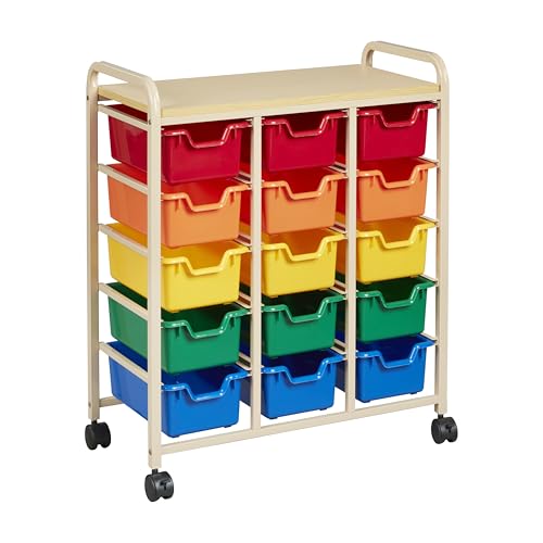 ECR4Kids Mobile Organizer with 15 Storage Bins, Storage Cart, Sand/Assorted