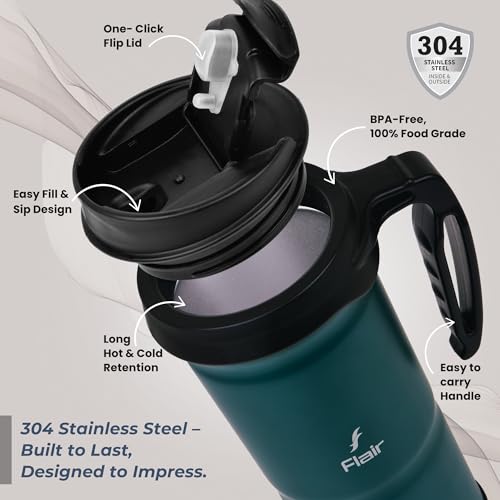 Image of FLAIR Atom Vacuum Insulated Flask 709ml - Green,Leak-Proof, Hot & Cold, 304 Stainless Steel, Tough & Durable, Food Grade Travel Tumbler - Stay Hydrated, Sip Anywhere