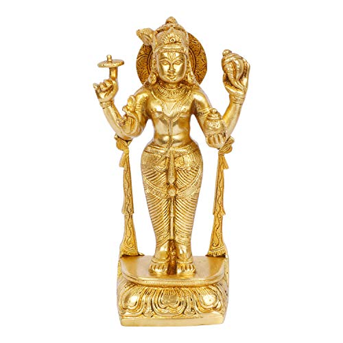 Kartique Golden Brass Lord Vishnu Idol with Sheshnag on Lotus Base for Home Décor and Pooja Room, Height 13 Inch